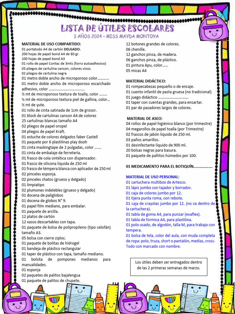 Lista de útiles escolares 3 años 2024 | PDF | Papel | Materiales de ...