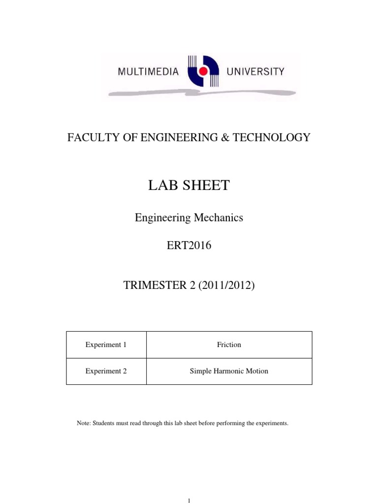 Engineering Mechanics Lab Experiments | PDF | Friction | Pendulum