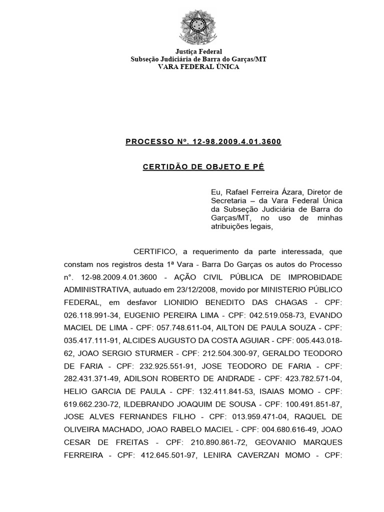 Certidão de Atos - Objeto e Pé - 12-98.2009.4.01.3600 | PDF | Sentença ...