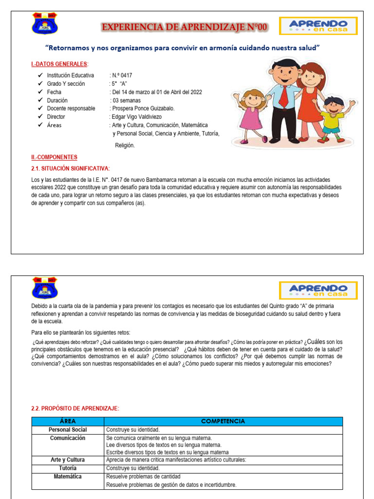 Experiencia de Aprendizaje #00 5to. | PDF | Crecimiento personal y ...