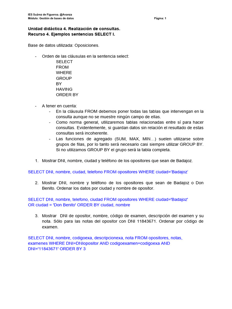Ejemplos de Sentencias SELECT en SQL | PDF | Gestión de datos | Bases ...