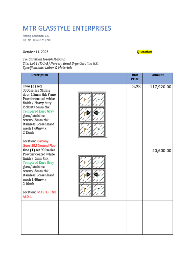 3000900seriesSlidingDoorsQuotation PDF