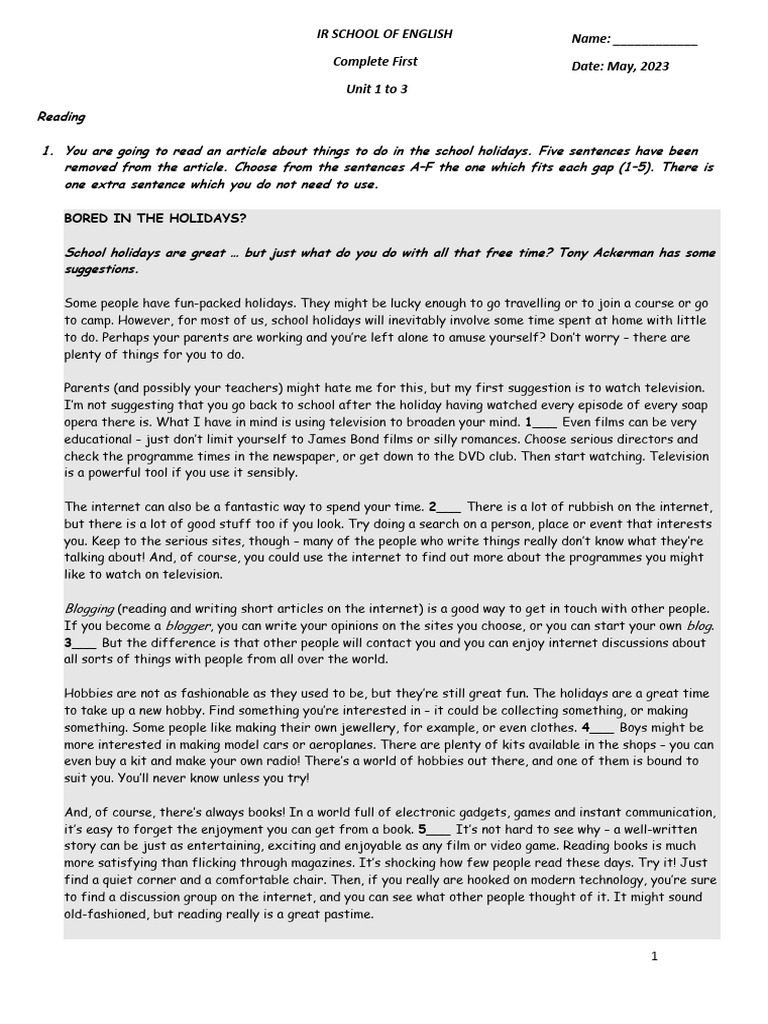 Unit 1 English Test for Class 5 | PDF | Blog
