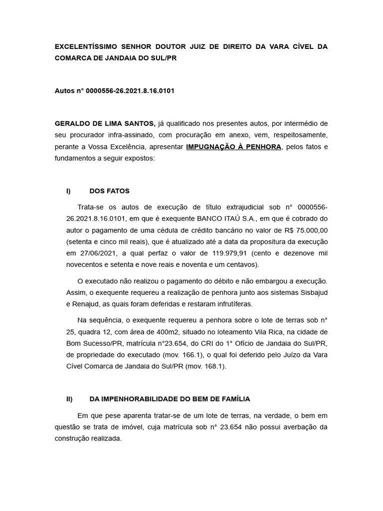 Modelo Impugnação À Penhora | PDF