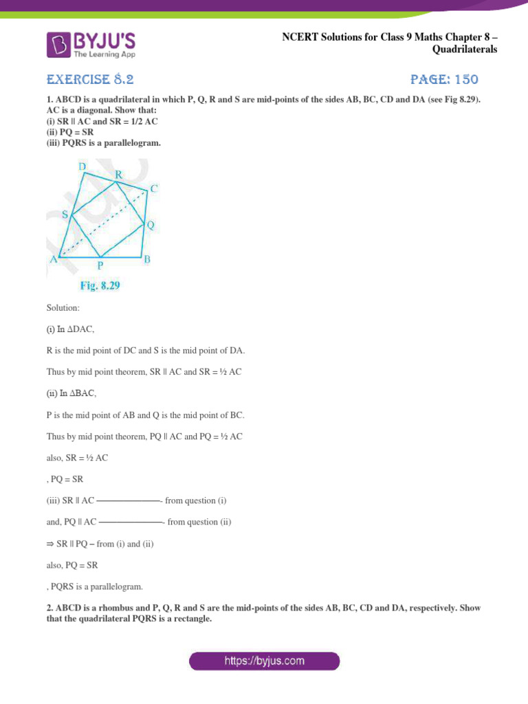 Ncert solutions for class 9 maths chapter 8 quadrilaterals exercise 8 2