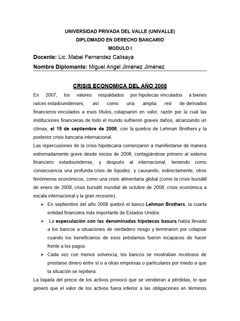 Impacto Global de la Crisis de 2008 | PDF | Gran Recesión | Bancos