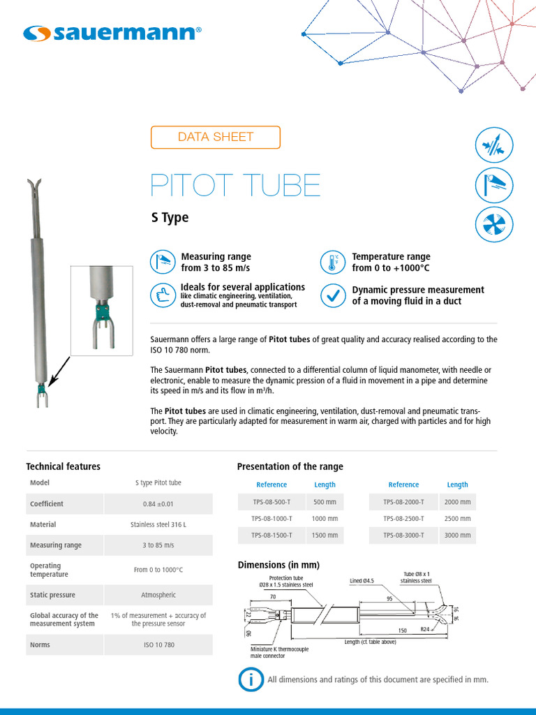S-Type Pitot Tube Data Sheet | PDF | Pressure Measurement | Pressure