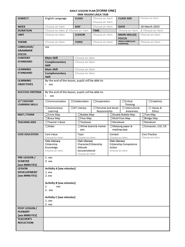 Lesson Plan English Form 1 Pdf