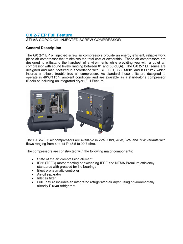 GX 2-7 EP Full Feature: Atlas Copco Oil Injected Screw Compressor | PDF