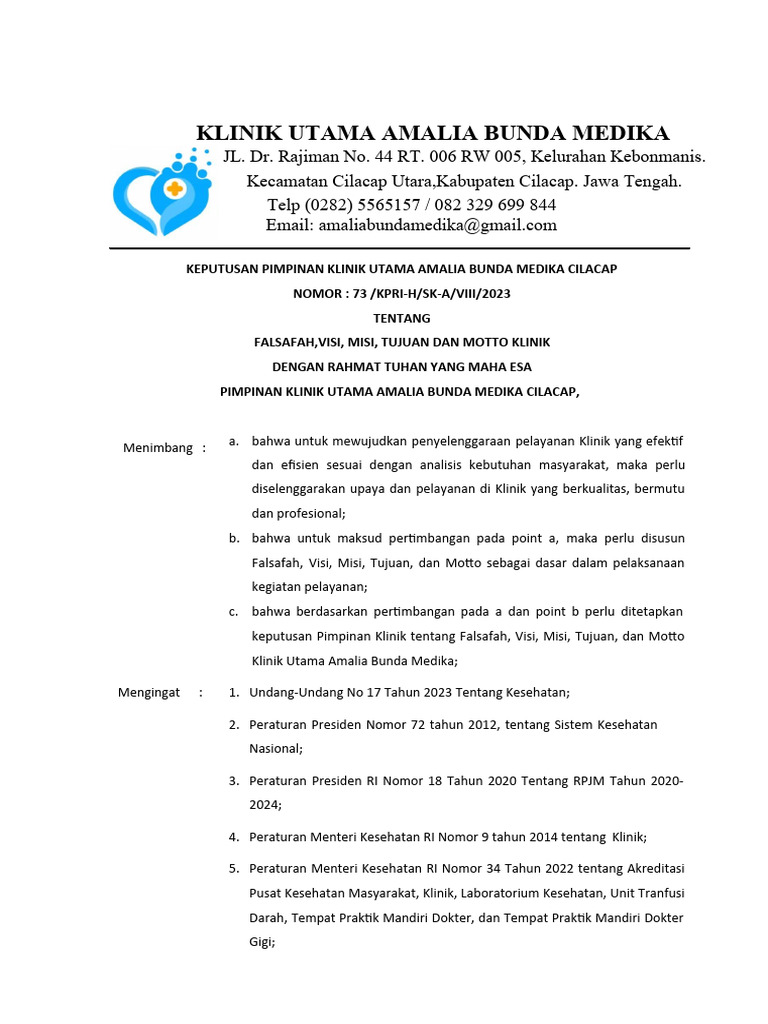 Standar 1 ep 1 sk visi misi tata nilai dan tujuan klinik hamada pint 1