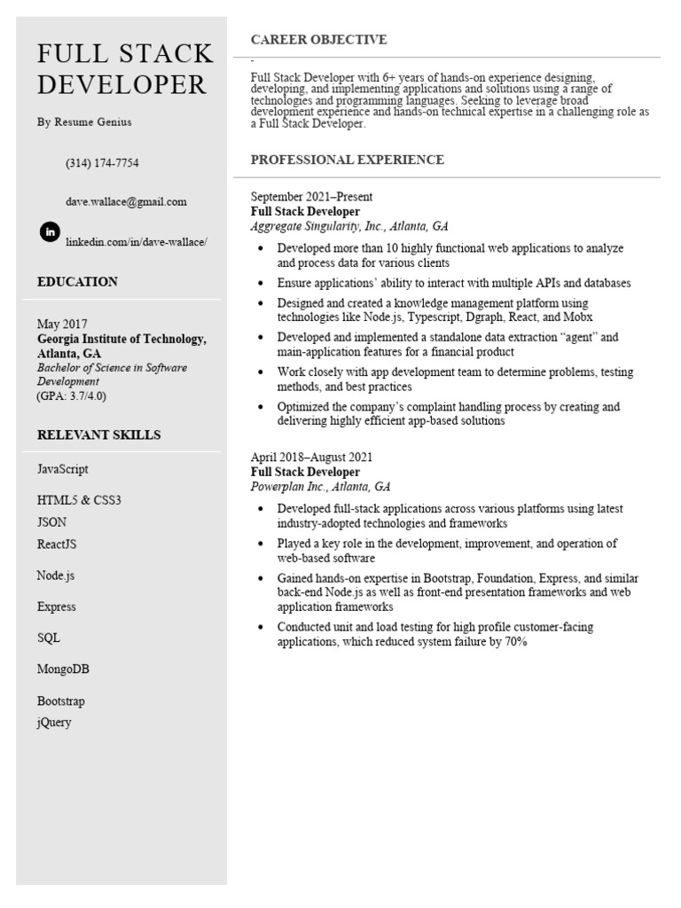 Full Stack Developer Resume Example Template | PDF | Résumé | Web ...