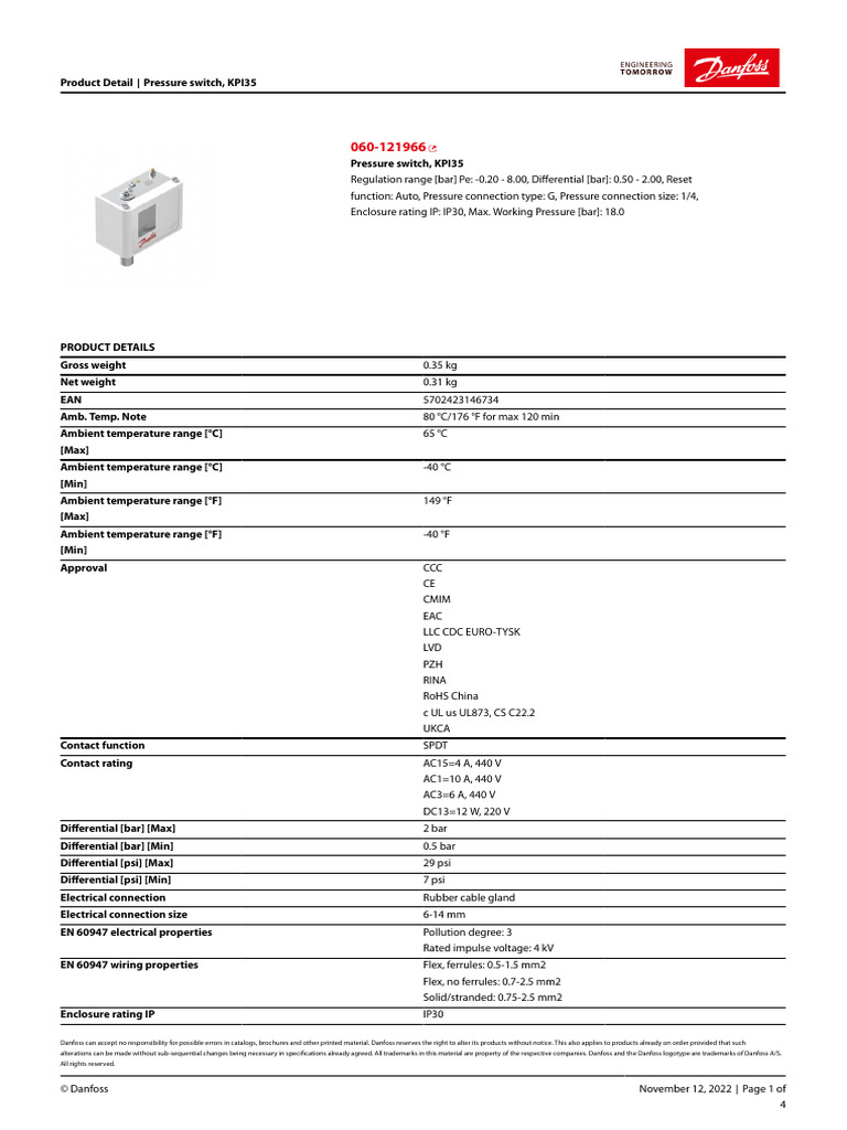 Danfoss pressure switch kpi35 060 121966 pdf