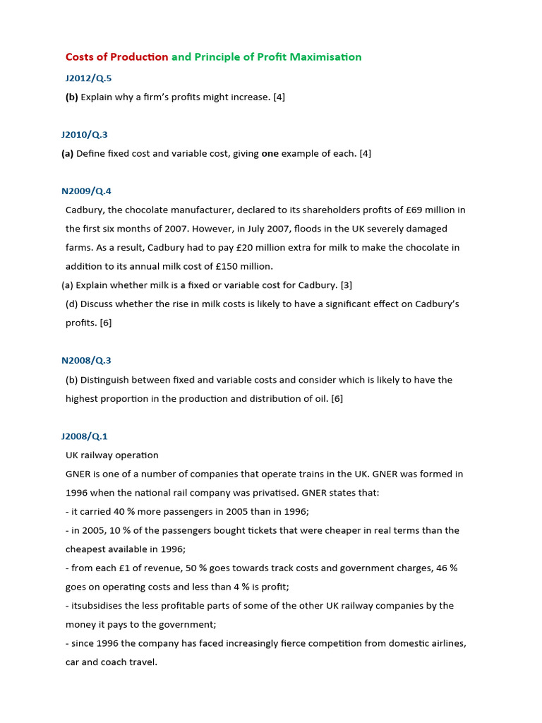 Costs of Production and Principle of Profit Maximisation | PDF ...