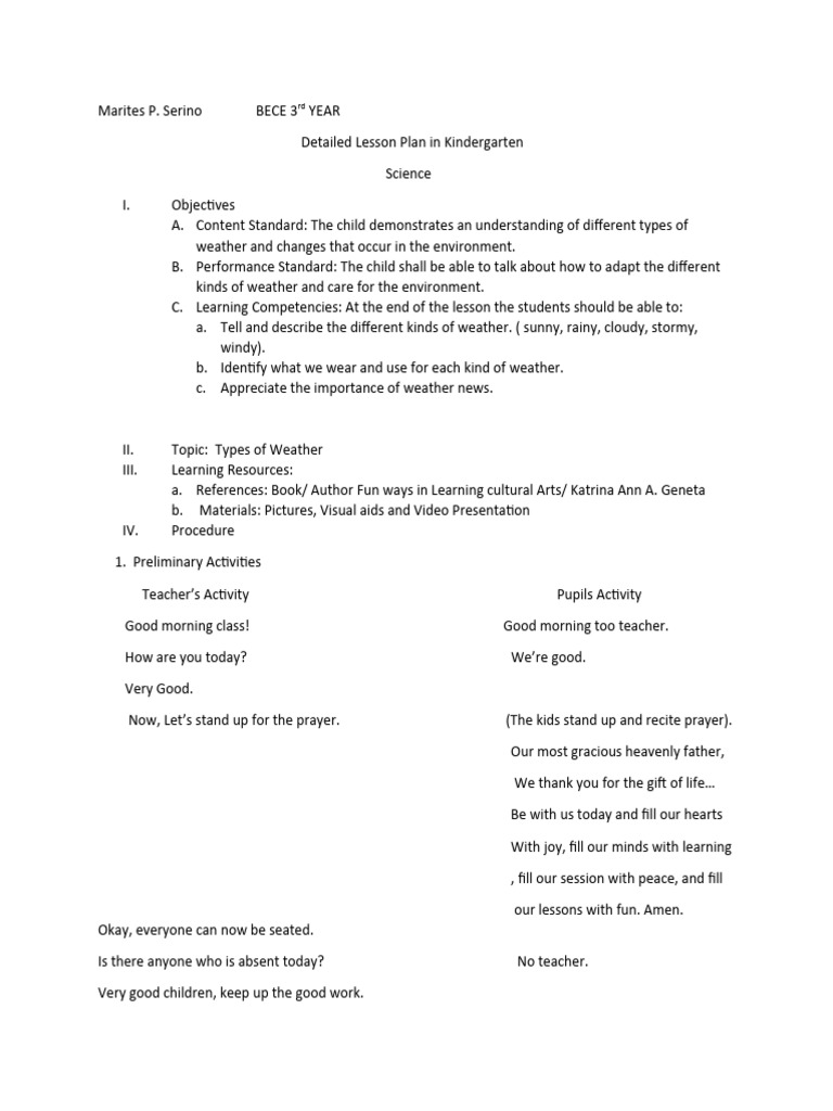 Kindergarten Lesson Plan: Types of Weather | PDF | Language Arts ...
