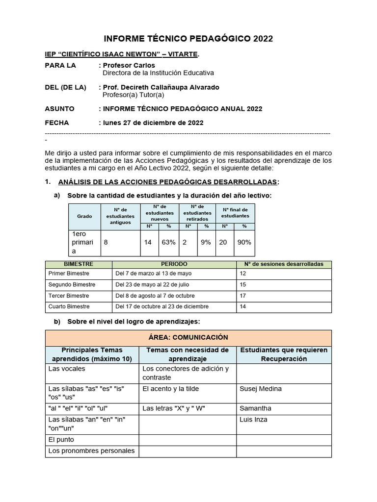 Informe Pedagógico 2022 (Inicial y Primaria) | PDF