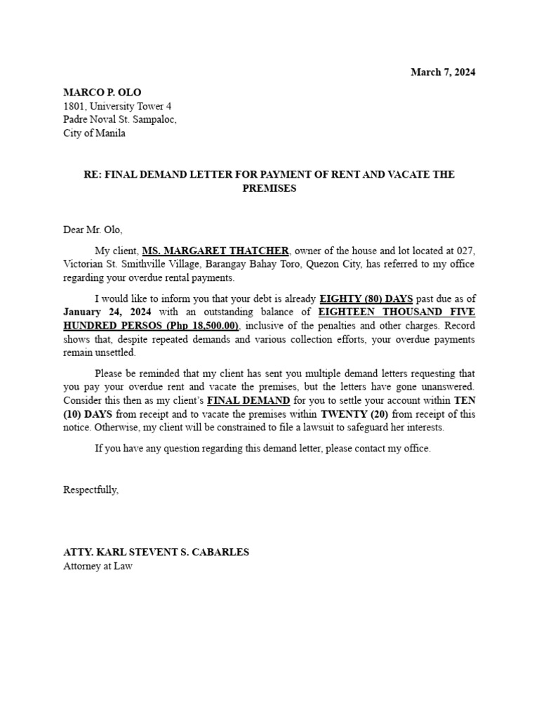 Final Demand for Rent and Ejectment | PDF