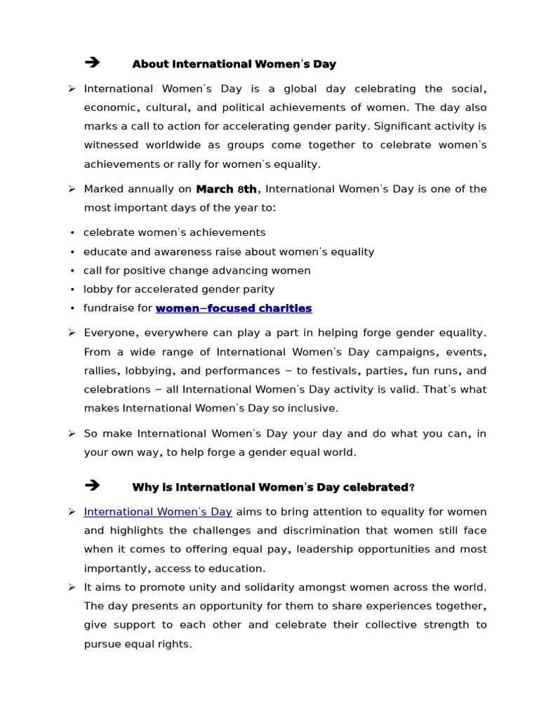International Women's Day Overview | PDF | Gender Equality | Gender Studies
