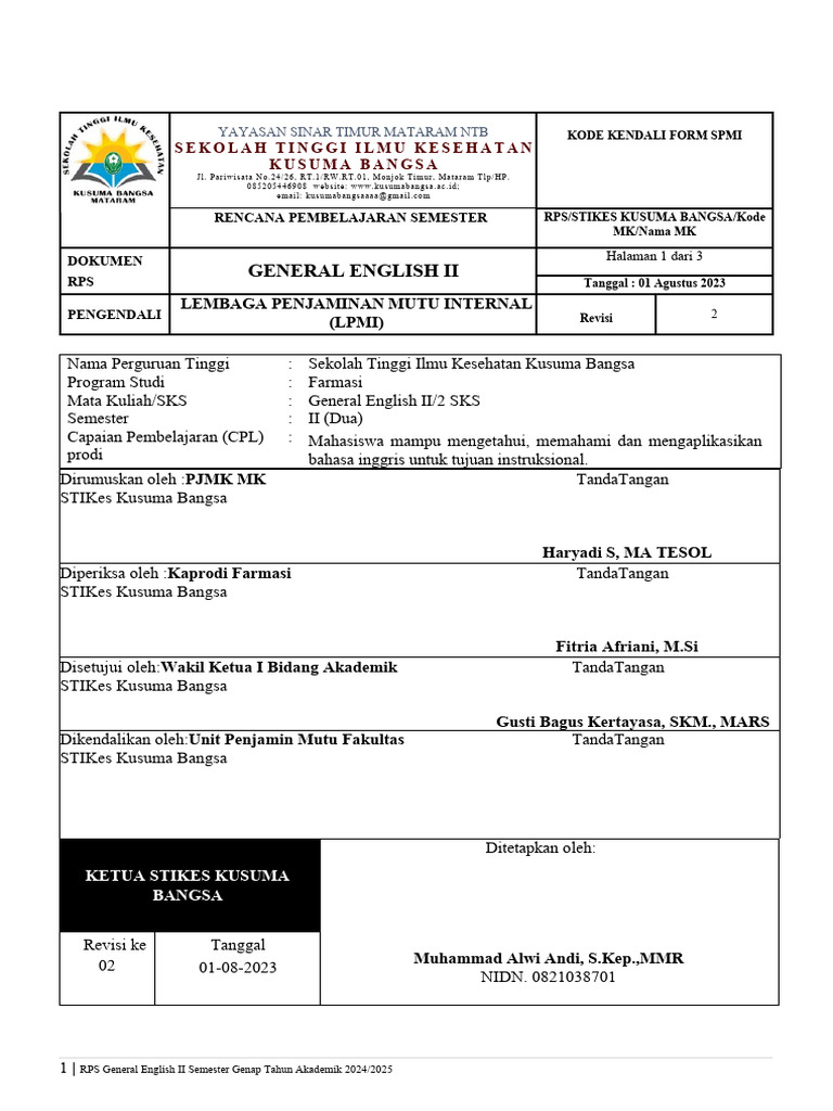 RPS General English II STIKes Kusuma Bangsa | PDF