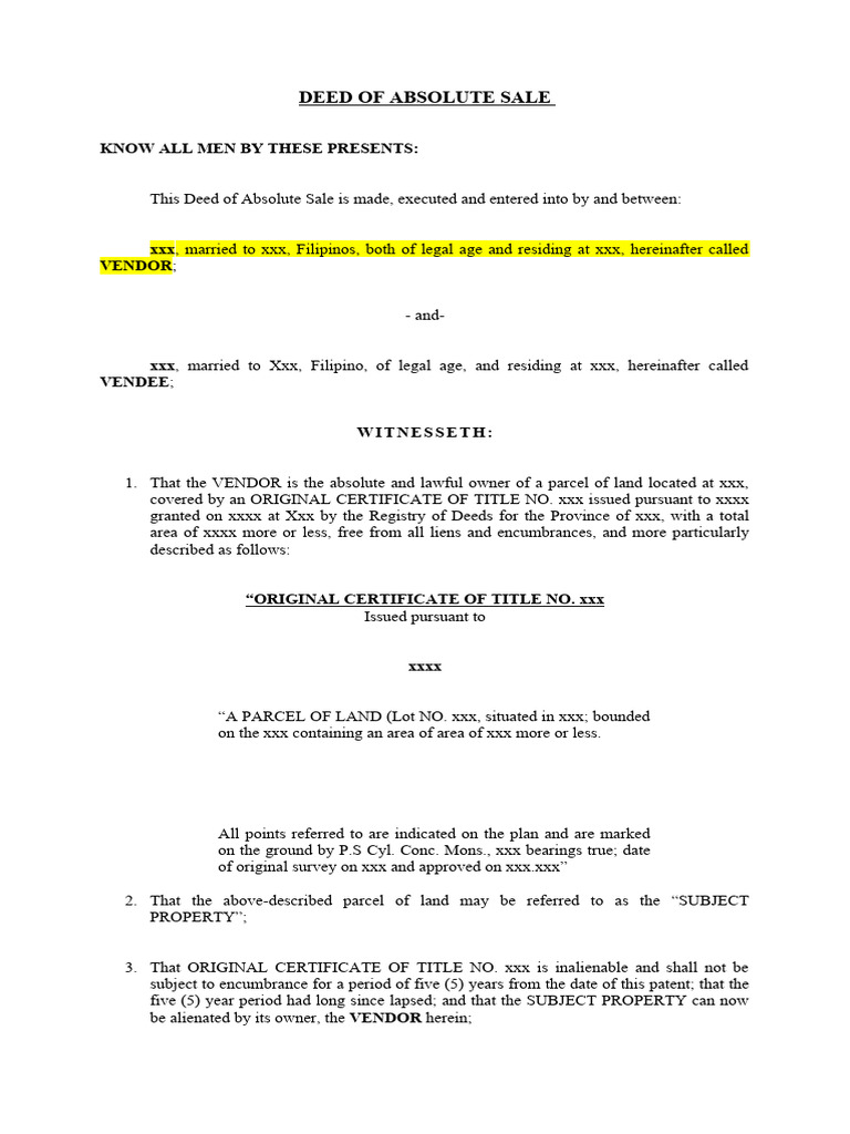 Deed of Absolute Sale Template | PDF | Law
