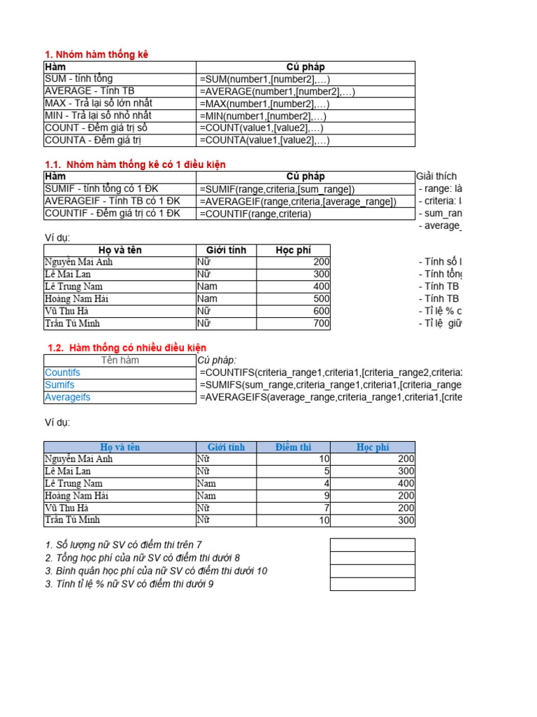 Bai Học Bai Tập Excel Buổi 2 1 | PDF