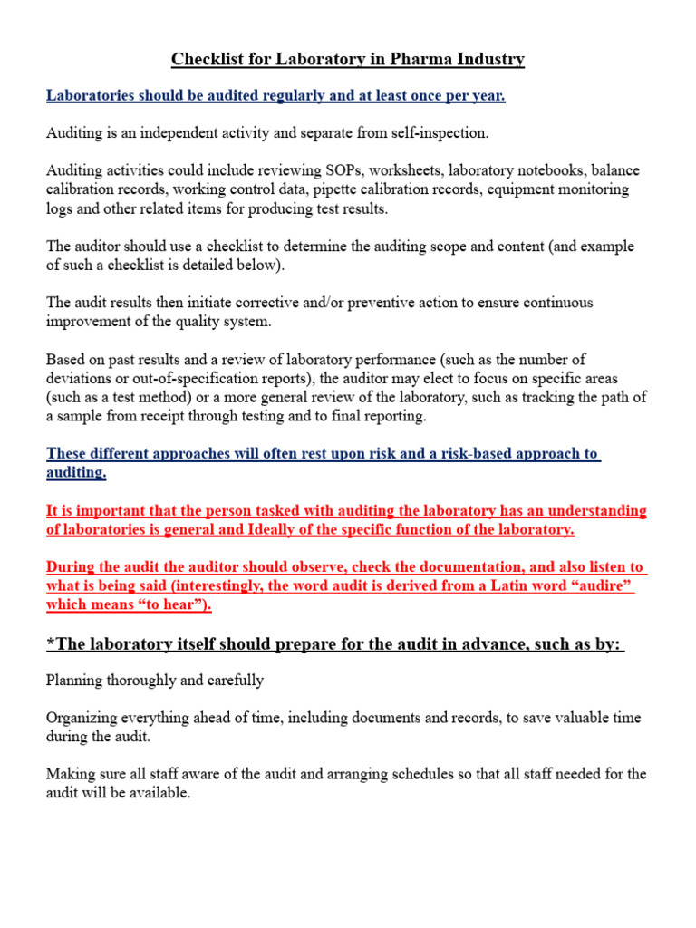 Checklist For QC Audit in Pharma Industry A PDF Laboratories Audit
