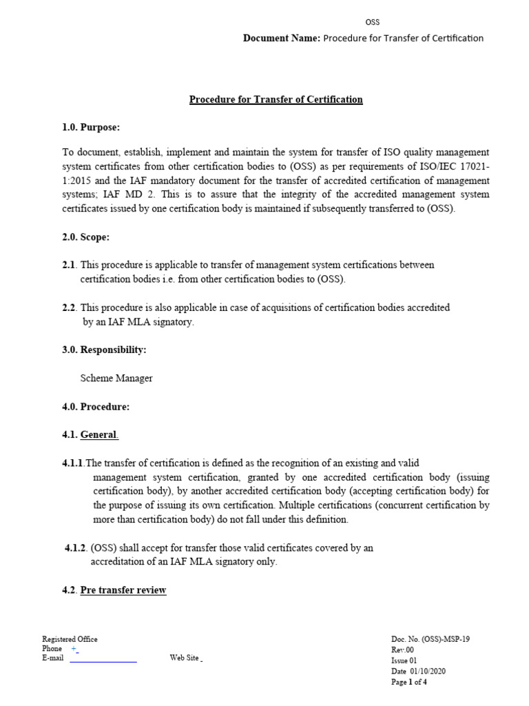 OSS-MSP-19 Procedure For Transfer of Certification Rev 00 | PDF ...