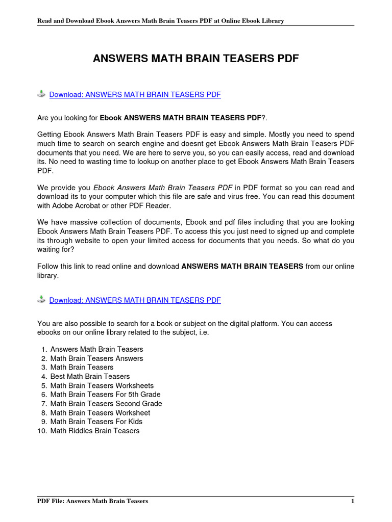 Answers Math Brain Teasers PDF