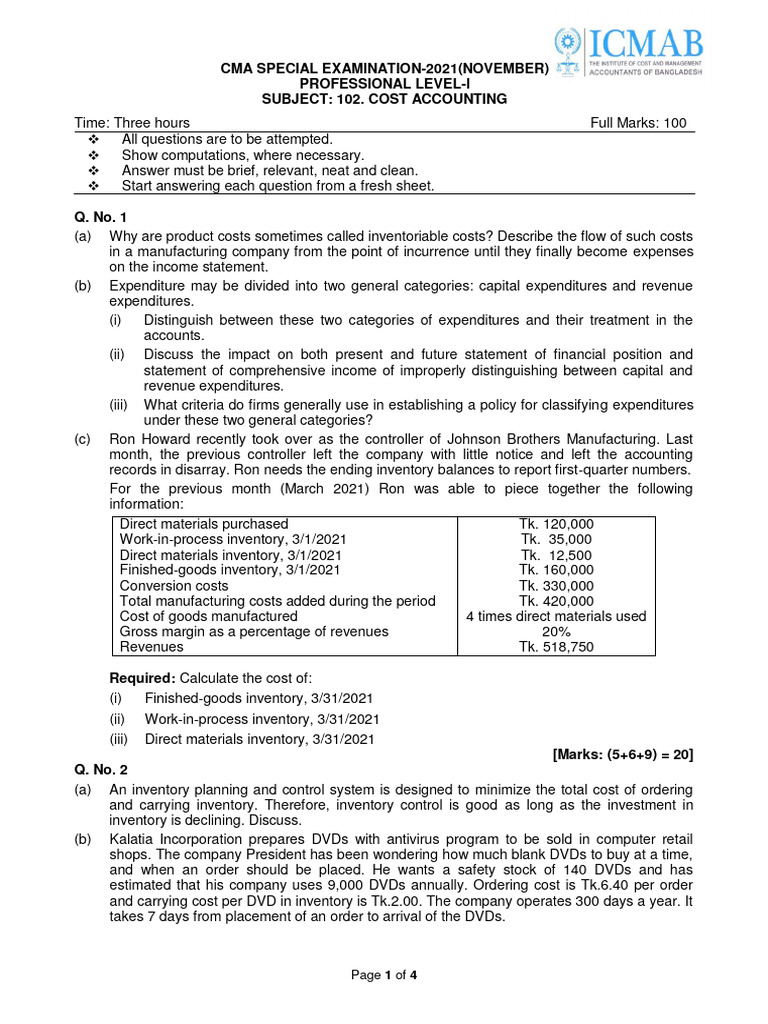 CMA 2021 Cost Accounting Exam Guide | PDF | Expense | Inventory