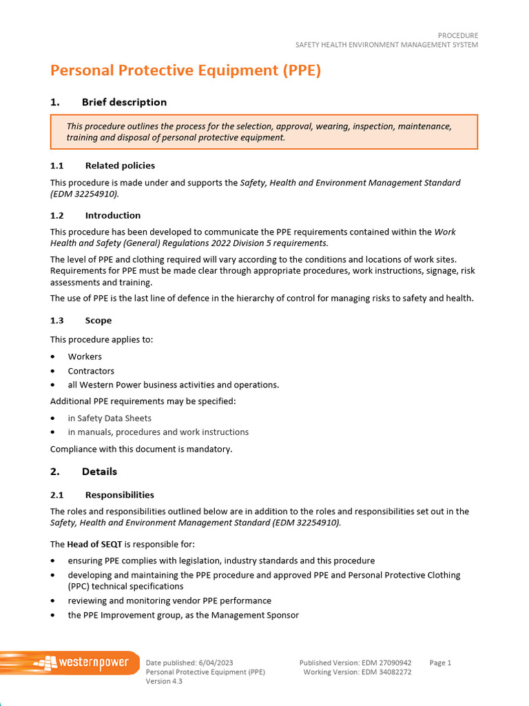 Ppe procedure pdf personal protective equipment occupational