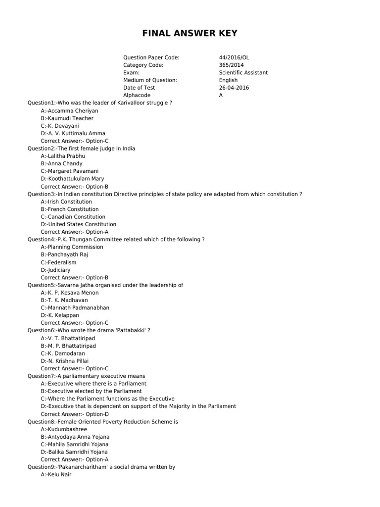 Psc scientific assistant previous question paper solved 2016 pdf