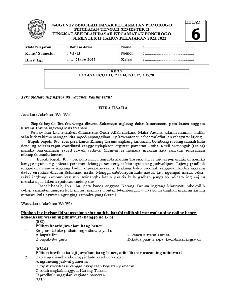 Soal Pts B Jawa Kelas 6 Smt 2 20021 2022 A Pdf