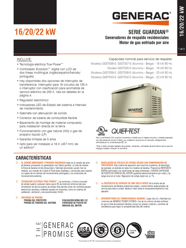 Generac 16-20-22kw Serie Guardian | PDF | Generador eléctrico | Arranque