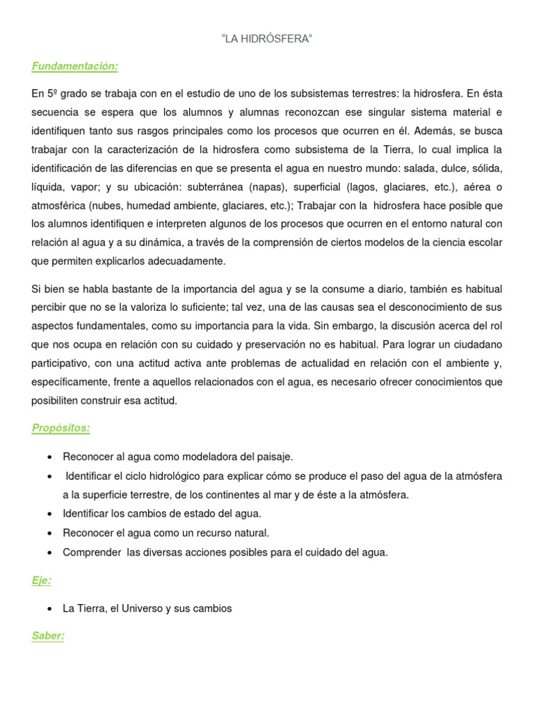 "Explorando la Hidrosfera en 5º Grado" | PDF | Agua | El ciclo del agua