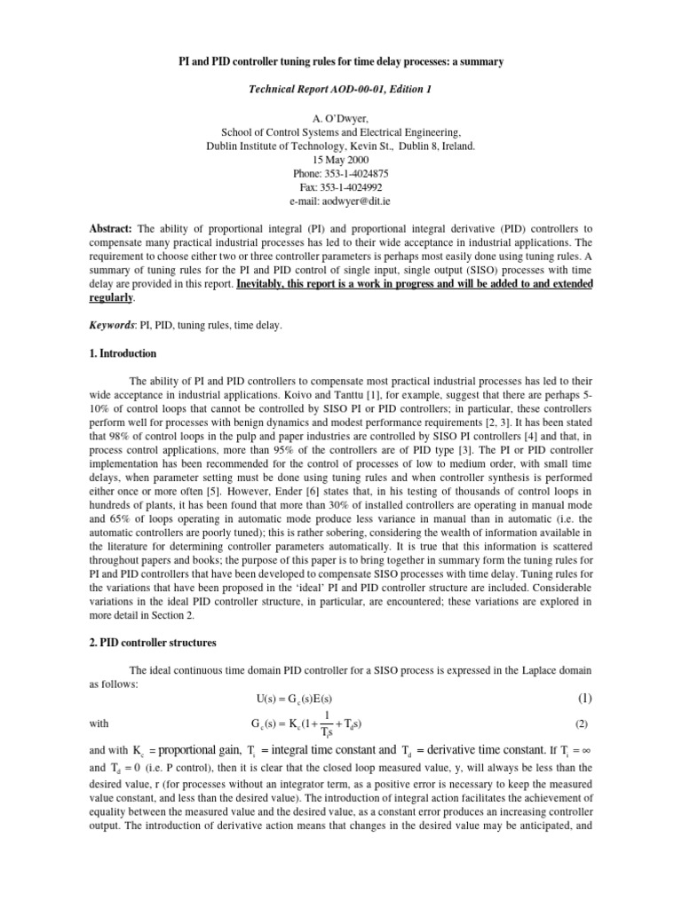 PI and PID Controller Tuning Rules For Time Delay Processes | PDF ...