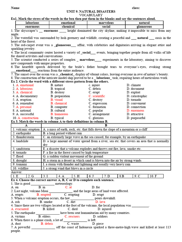 E8.Unit9.WS Vocabulary - KEY | PDF | Volcano | Tsunami
