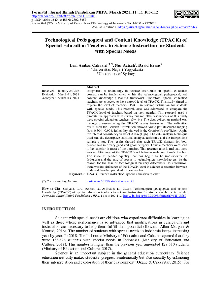 TPACK in Special Education Science Teaching | PDF | Cronbach's Alpha ...