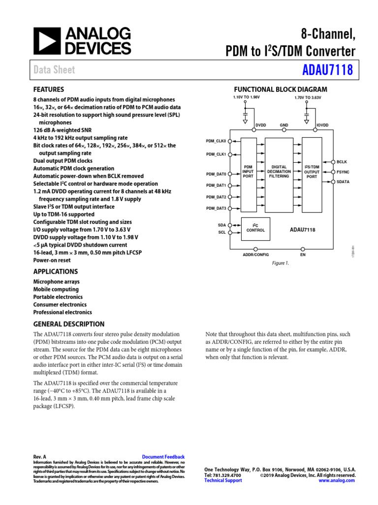 ADAU7118 PDM to I2S/TDM Converter | PDF | Sampling (Signal Processing ...