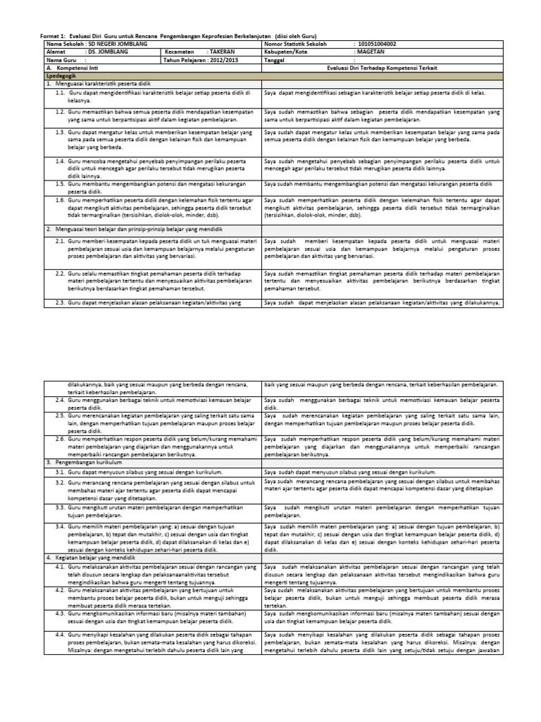 Format Evaluasi Diri Guru Program PKB | PDF | Karier & Perkembangan ...