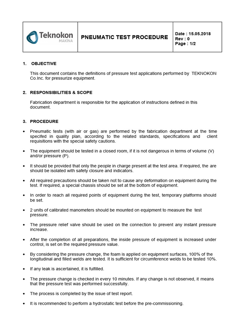 Pneumatic Test Procedure Overview | PDF | Pressure | Gases