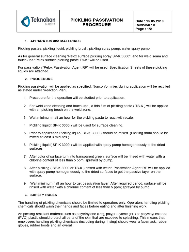 4-Pickling Passivation Procedure | PDF | Water | Construction