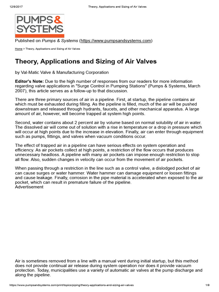 Theory applications and sizing of air valves pdf pump valve