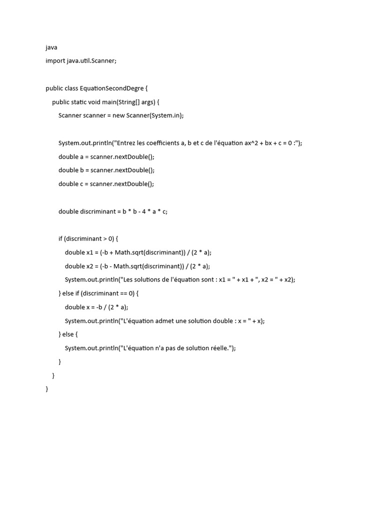 Résoudre Équation Second Degré en Java | PDF