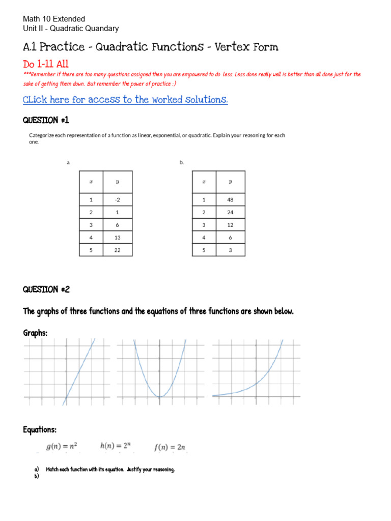 Quadratic Functions Practice and Analysis | PDF | Function (Mathematics ...