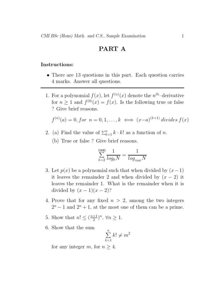 Part A: Cmi BSC (Hons) Math. and C.S., Sample Examination 1 | PDF