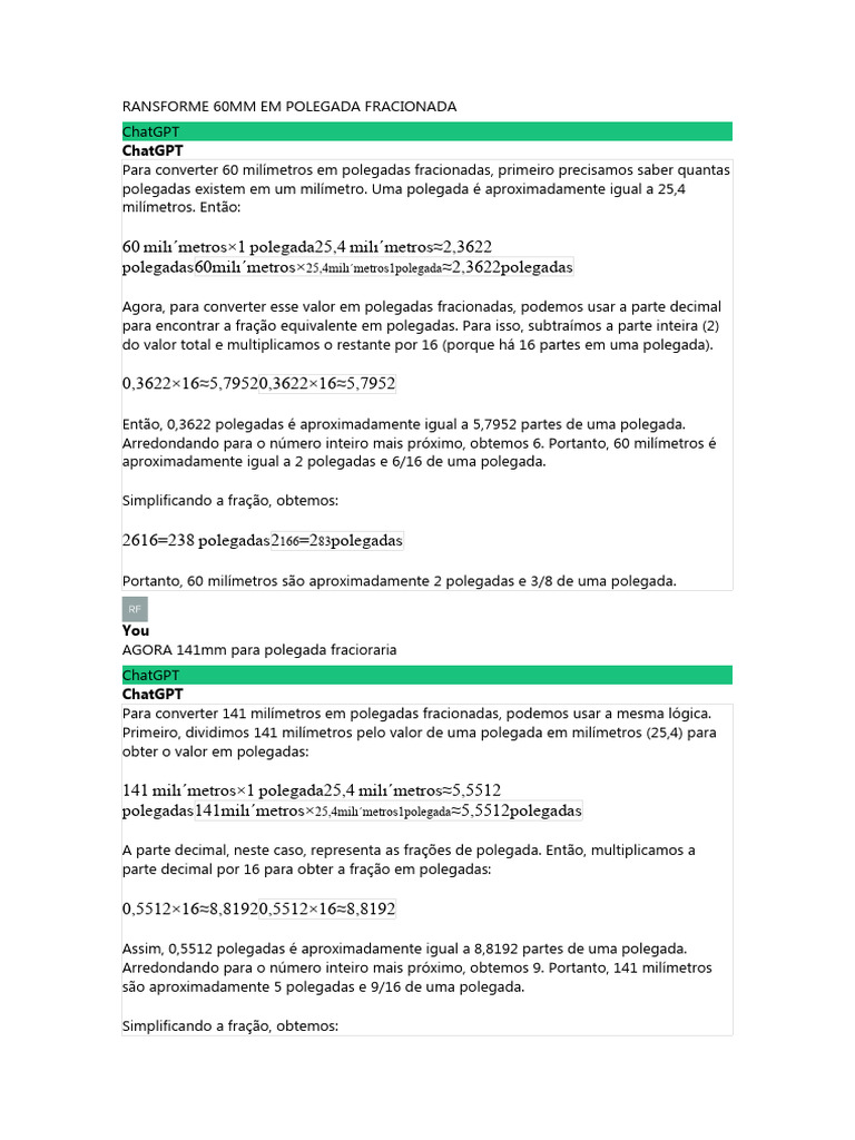 Conversão de Milímetros para Polegadas Fracionadas | PDF | Polegada | Aço