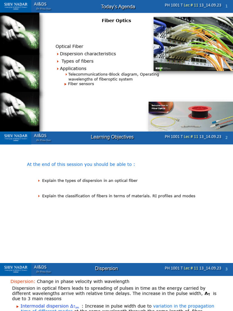 PH1001T Lec11 | PDF | Dispersion (Optics) | Optical Fiber