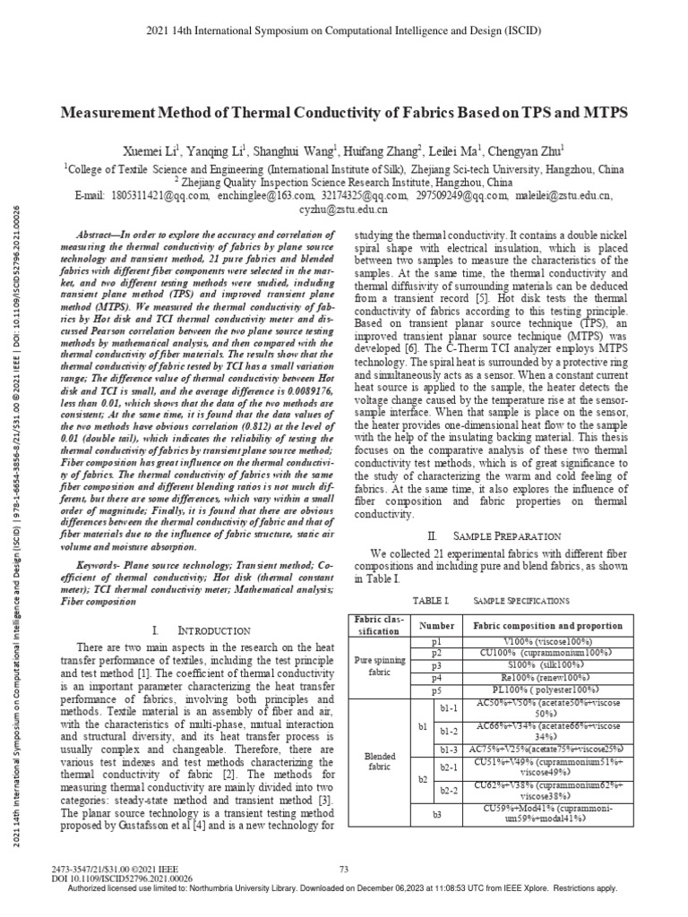 TPS Method for Fabric Thermal Conductivity | PDF | Textiles | Thermal ...