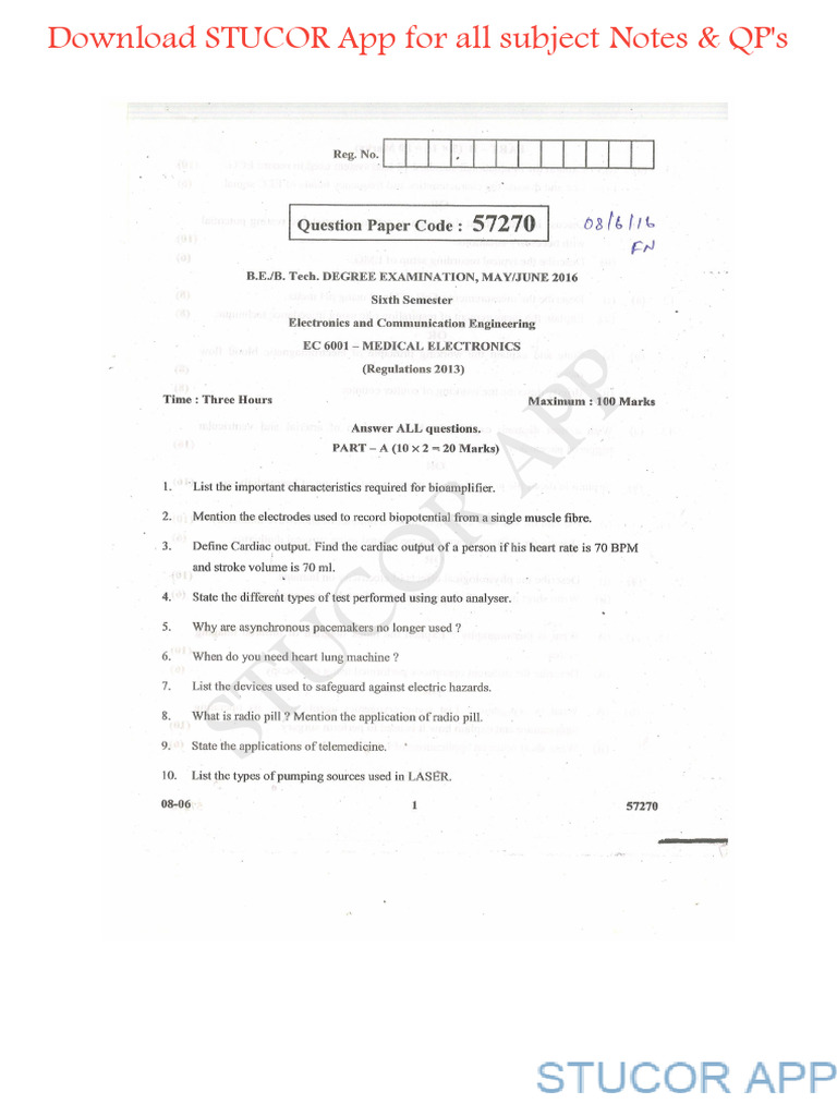 Exam Preparation Questions Paper - Bio Medical Electronics | PDF ...
