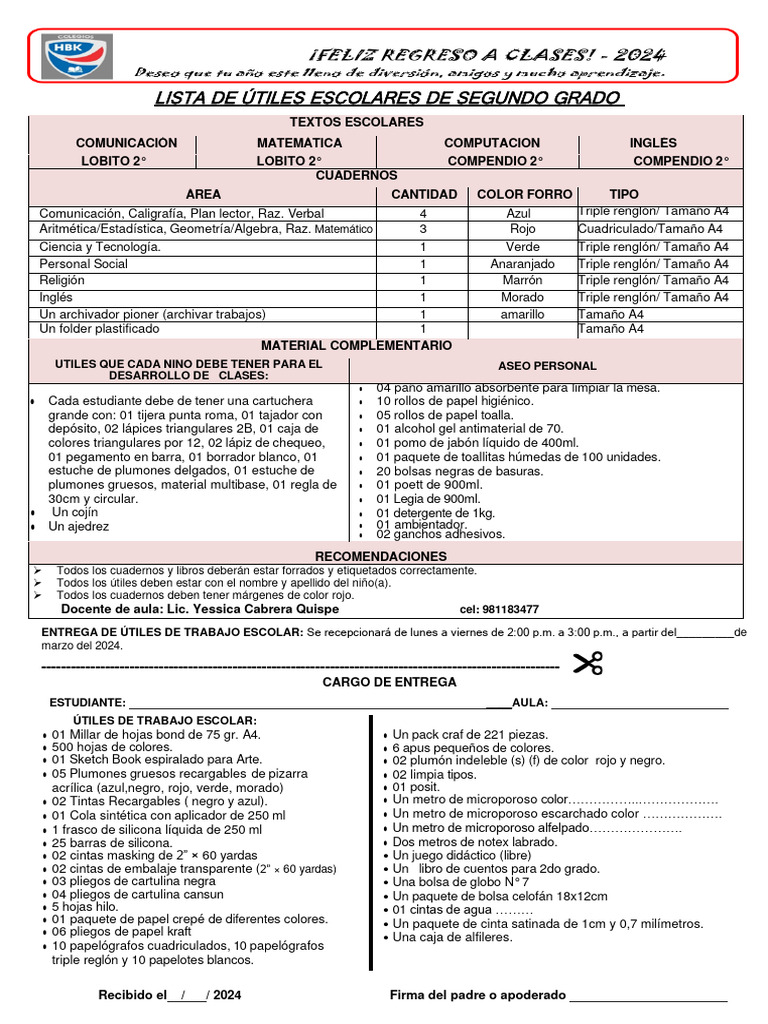 2° Lista de Utiles 2024 | PDF