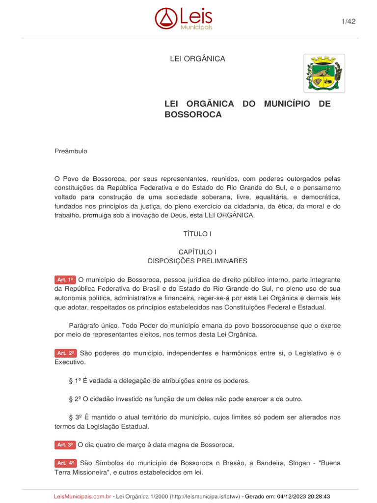 Lei Orgânica Bossoroca | PDF | Vereador | Emenda Constitucional